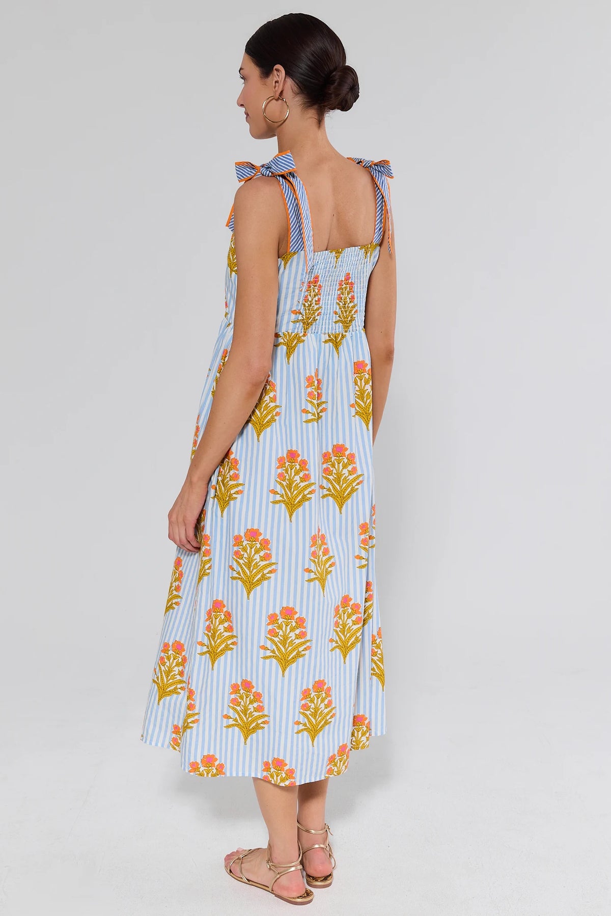 Blue Striped Floral Print Maxi Dress back view showing smocked back and full skirt | Avara