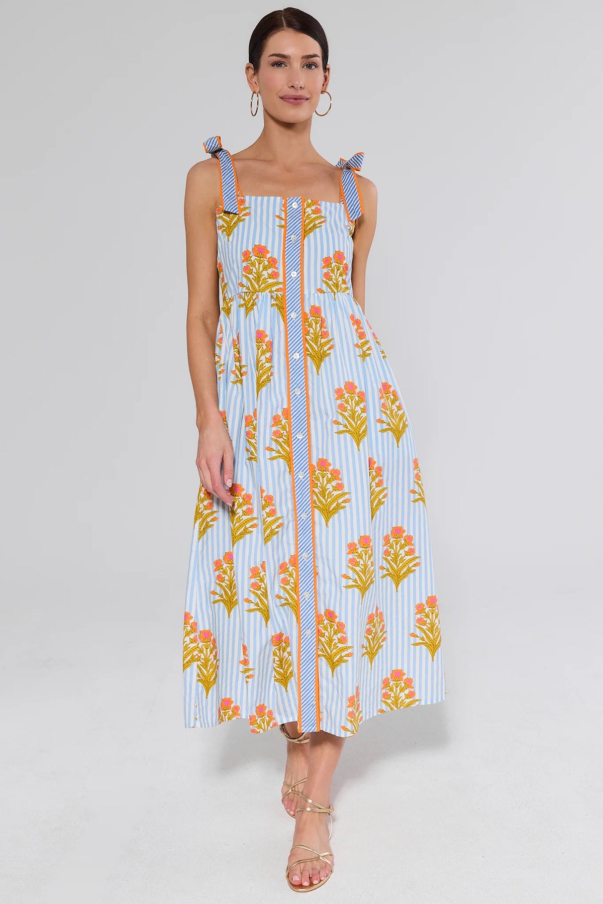 Blue Striped Floral Print Maxi Dress full-length front view styled with gold sandals | Avara