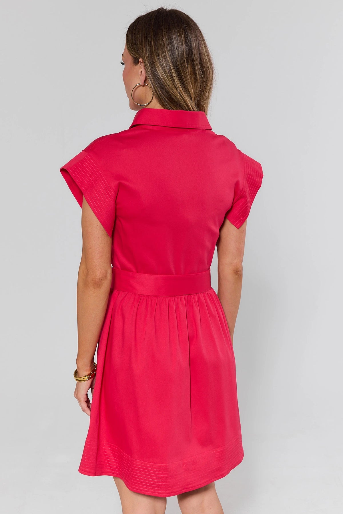 Red Belted Button Up Short Dress, back view showing collared neckline and gathered waist - On Model | Avara