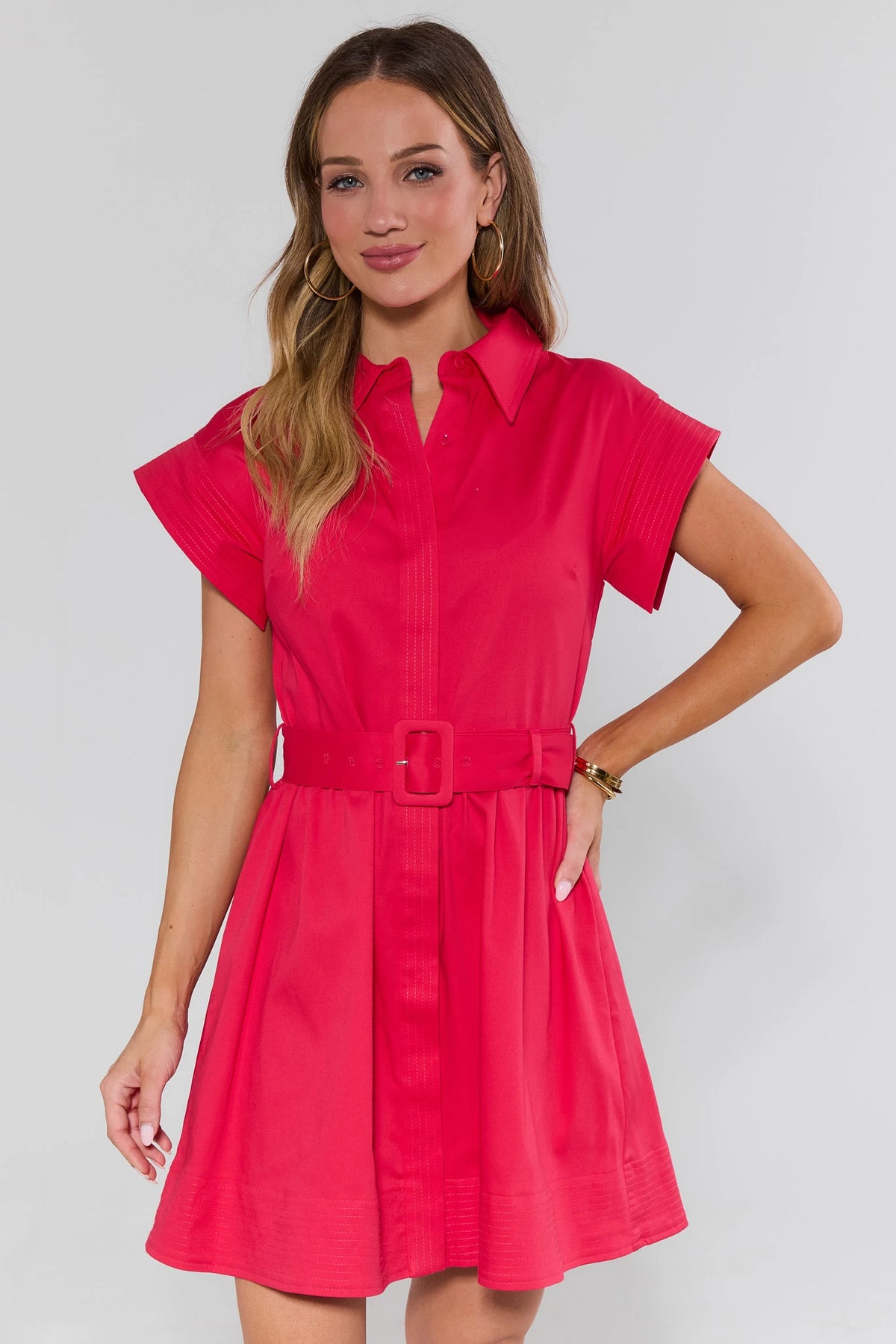 Red Belted Button Up Short Dress, front view, collared a-line silhouette with cap sleeves - On Model | Avara