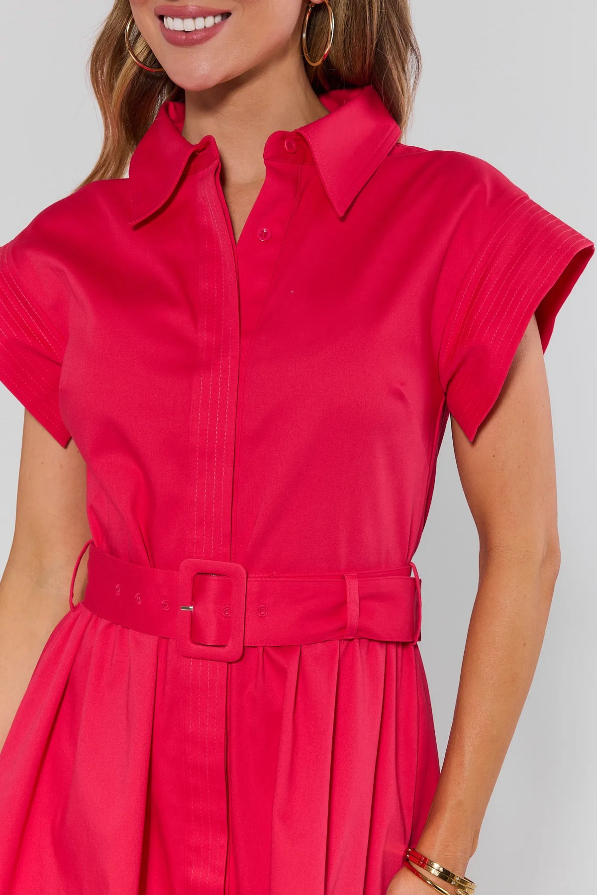 Red Belted Button Up Short Dress close-up, collar neckline and matching buckle belt detail - On Model | Avara