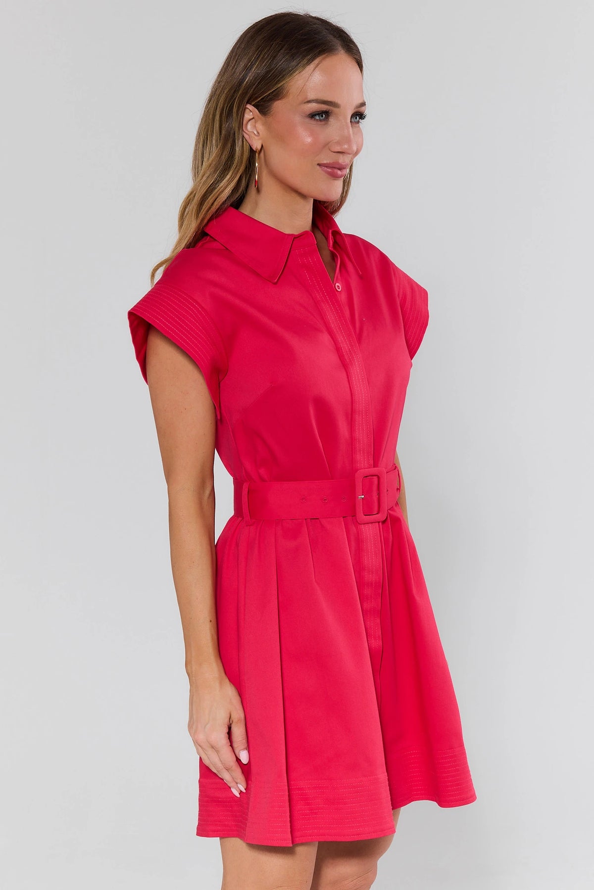 Red Belted Button Up Short Dress, side profile showing a-line skirt and pleated cap sleeve detail | Avara