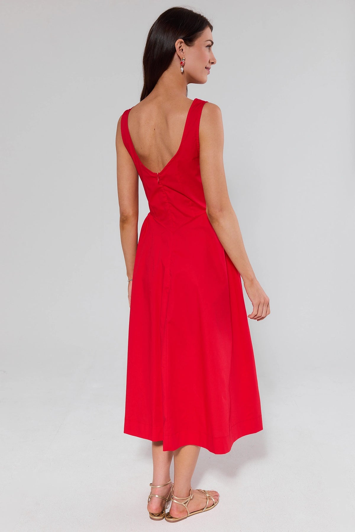 Red Boat Neck Midi Dress with open V-back detail and flowy A-line skirt - Back View On Model | Avara