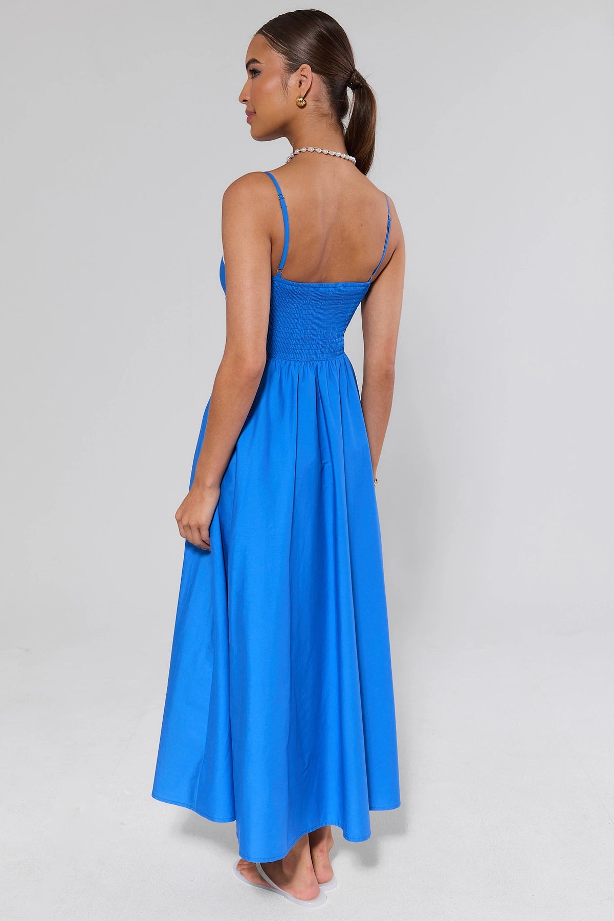 Blue Contrast Trim Maxi Dress smocked back detail and flowy A-line skirt - Back View | Avara