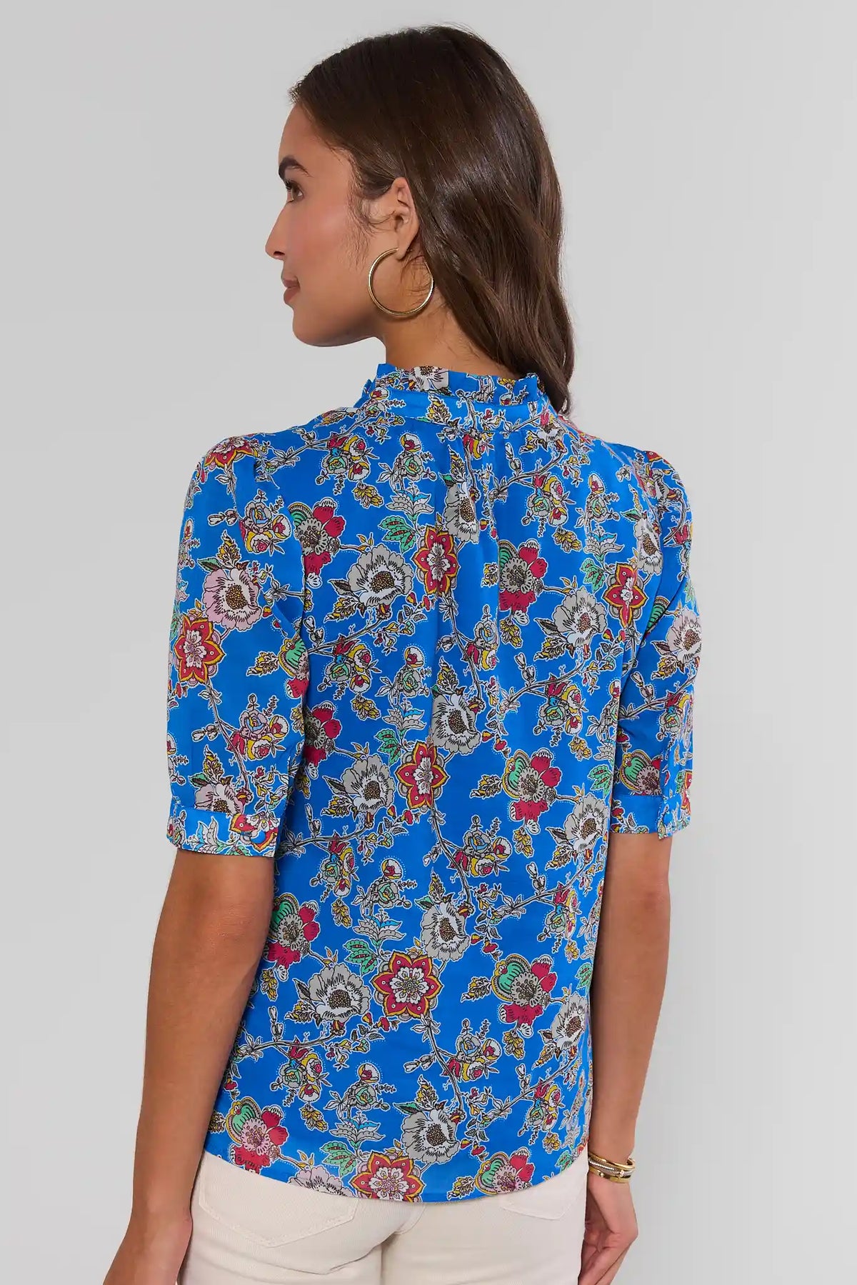 Camille Blue Floral Print Top - Back View, modest elbow-sleeve women's top with colorful floral print | Avara