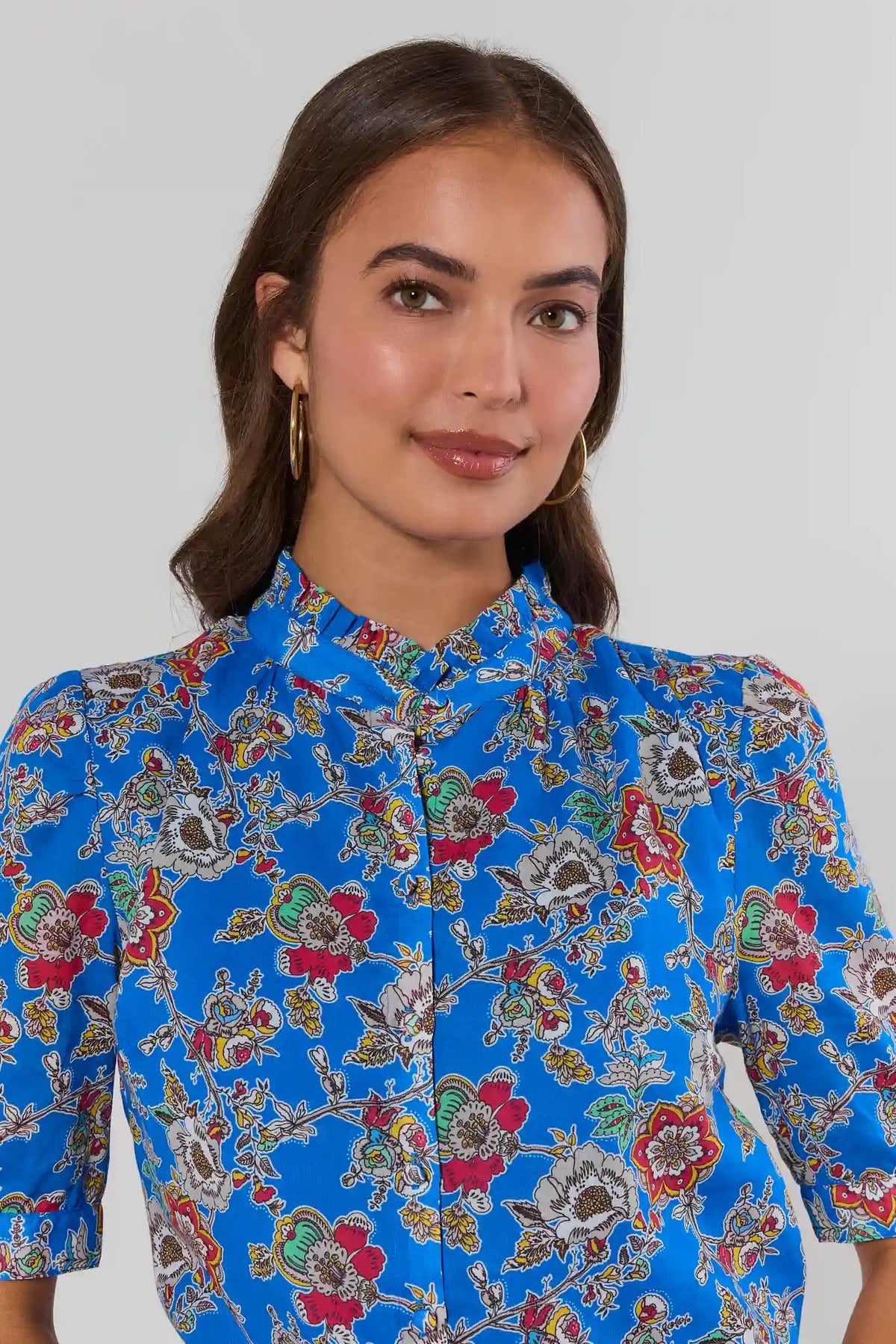 Camille Blue Floral Print Top - Neckline Close-Up, ruffle band collar and allover floral print detail | Avara