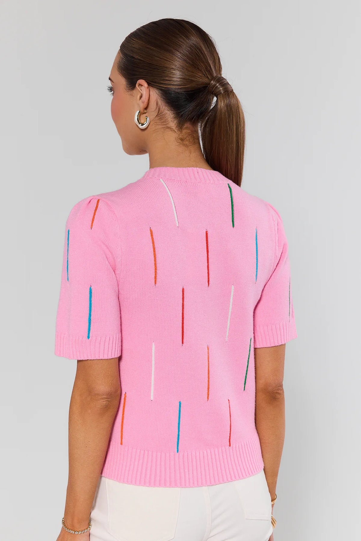 Pink Knit Embroidered Top with multicolor dash embroidery - Back View showing full coverage | Avara