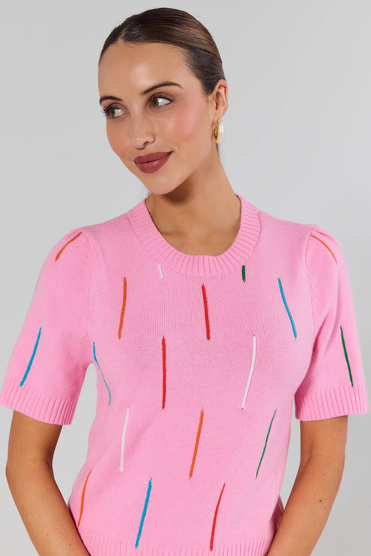 Pink Knit Embroidered Top with colorful embroidery - Close-Up Front Detail, cute top for women | Avara