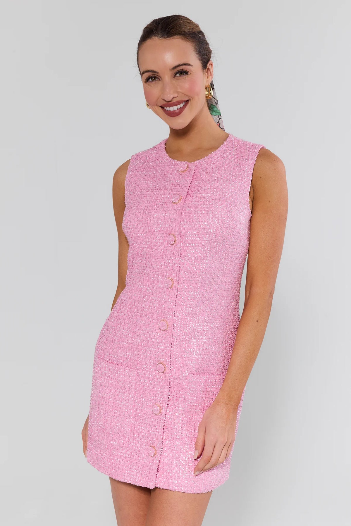 Pink Tweed Short Dress with gold buttons, sleeveless A-line silhouette - Front View | Avara