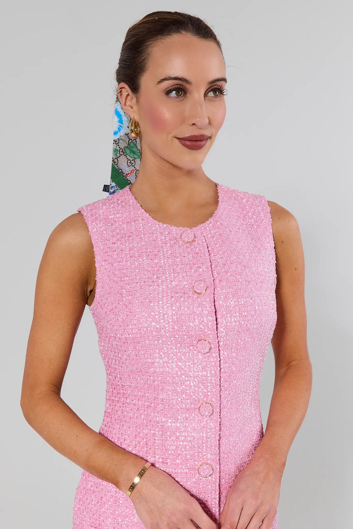 Pink Tweed Short Dress gold button detail and round neckline - Close-Up Front | Avara
