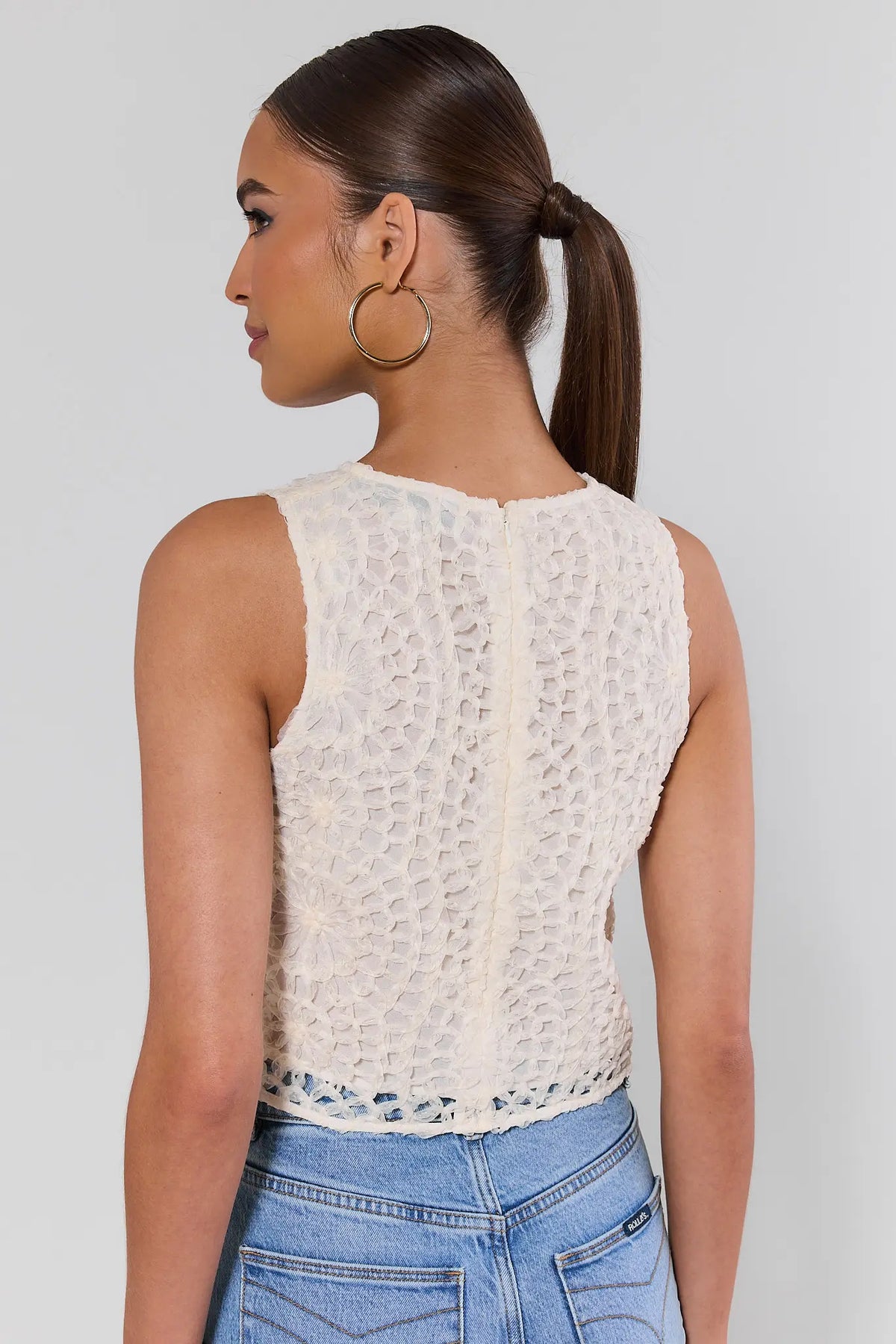 White woven overlay tank top with zip back detail and crochet hem trim - Back View | Avara