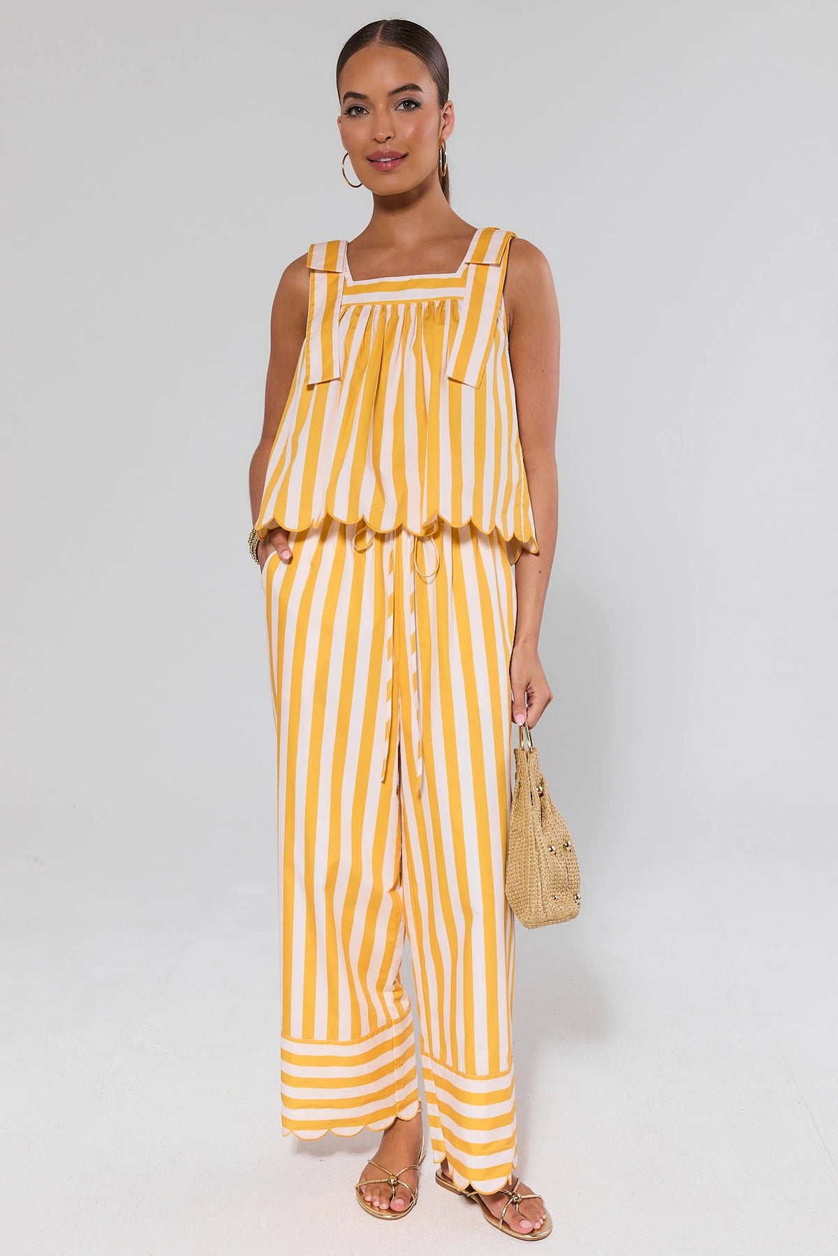 Lindsey Yellow Stripe Wide Leg Pants styled as matching set - Front View | Avara
