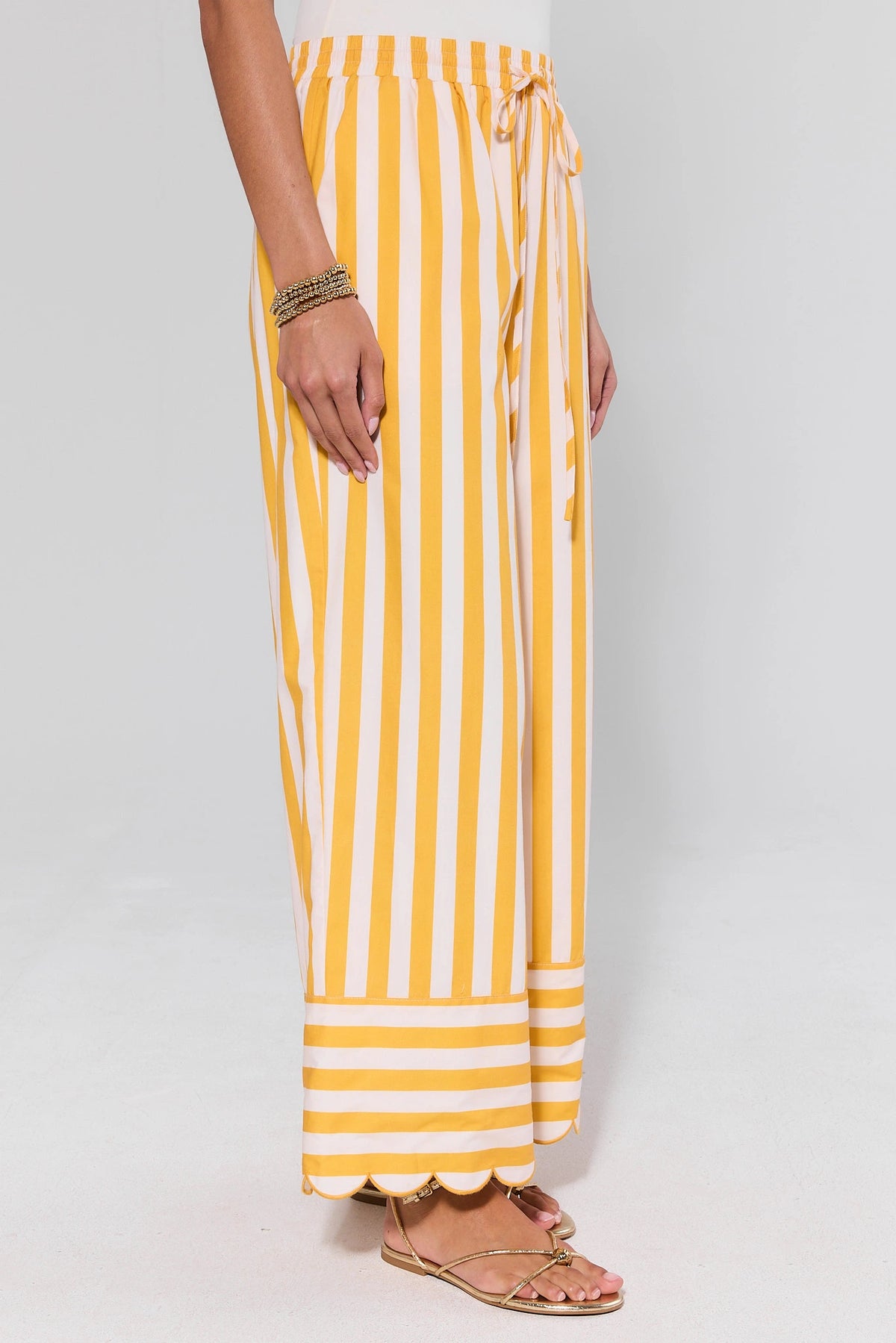 Lindsey Yellow Stripe Wide Leg Pants with scallop hem detail - Side View | Avara