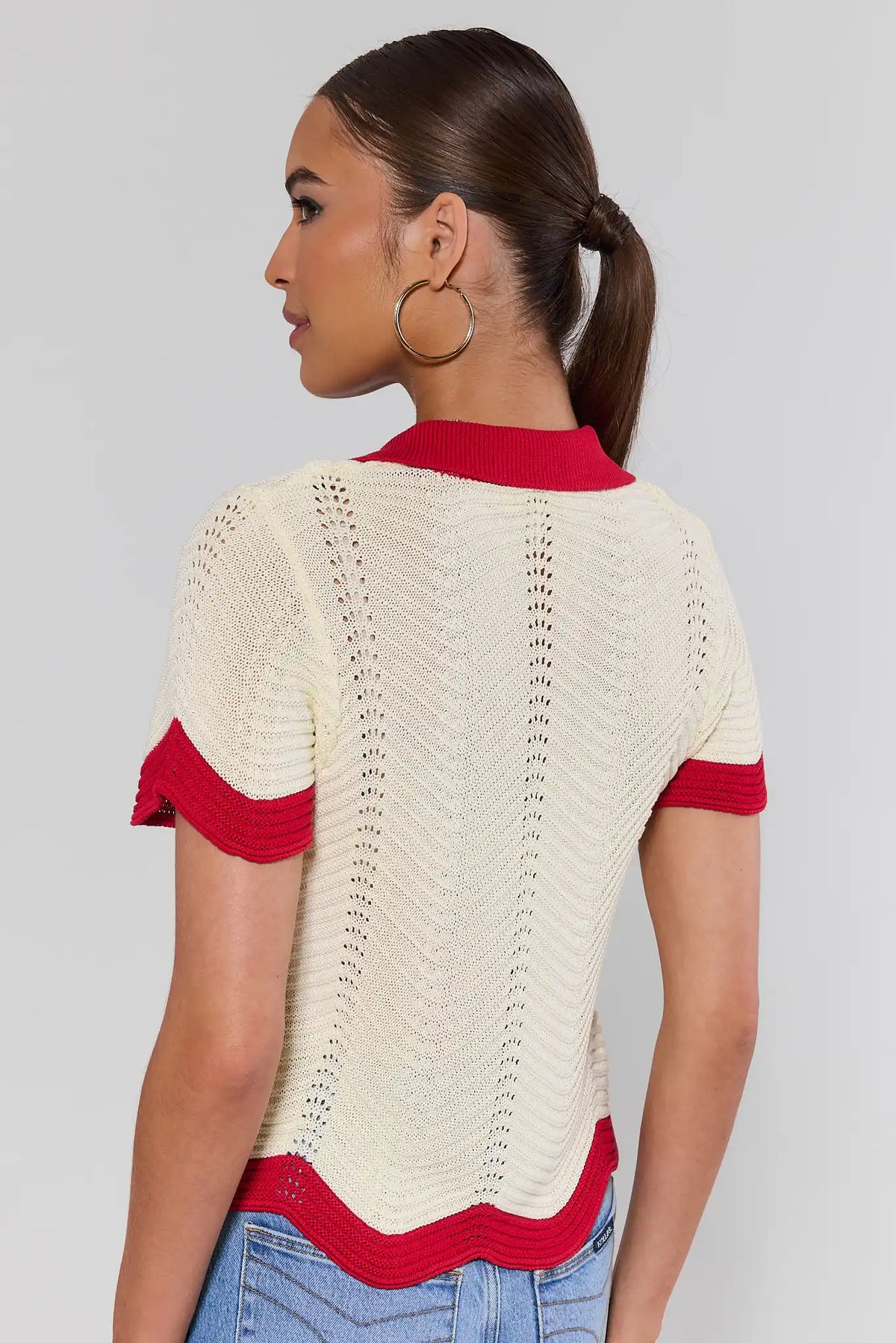 Ivory knit contrast trim top red scalloped hem - Back View On Model | Avara