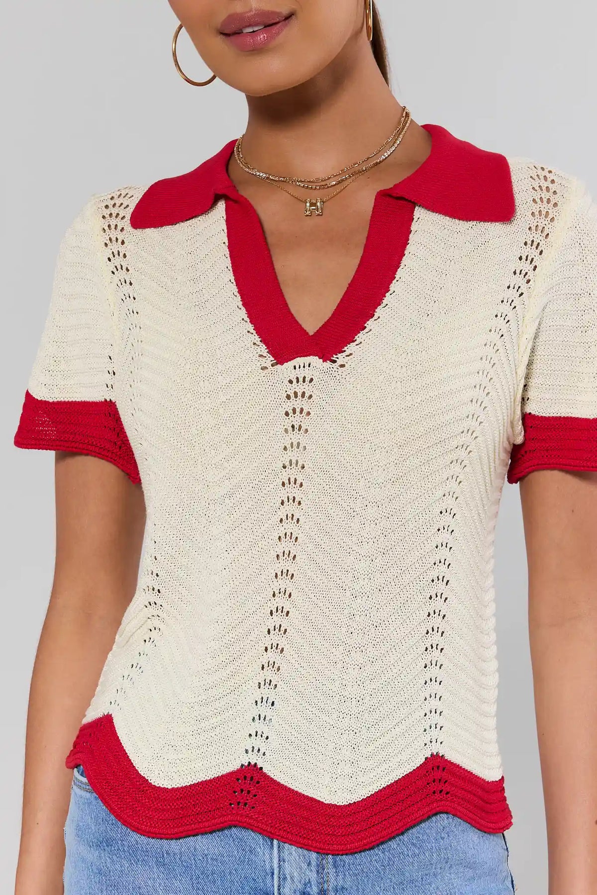 Ivory knit top red scalloped trim and V-neck polo collar - Close-Up Front Detail | Avara