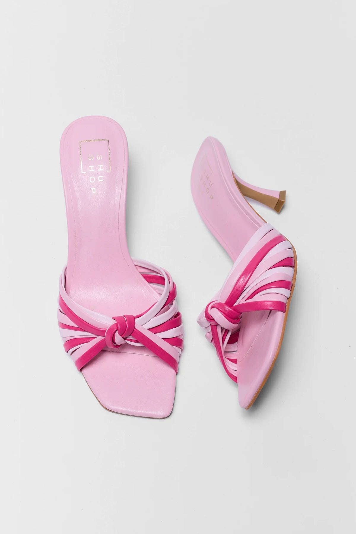 Pink multi-strap kitten heel sandals with knot detail - Flat Lay Top View | Avara
