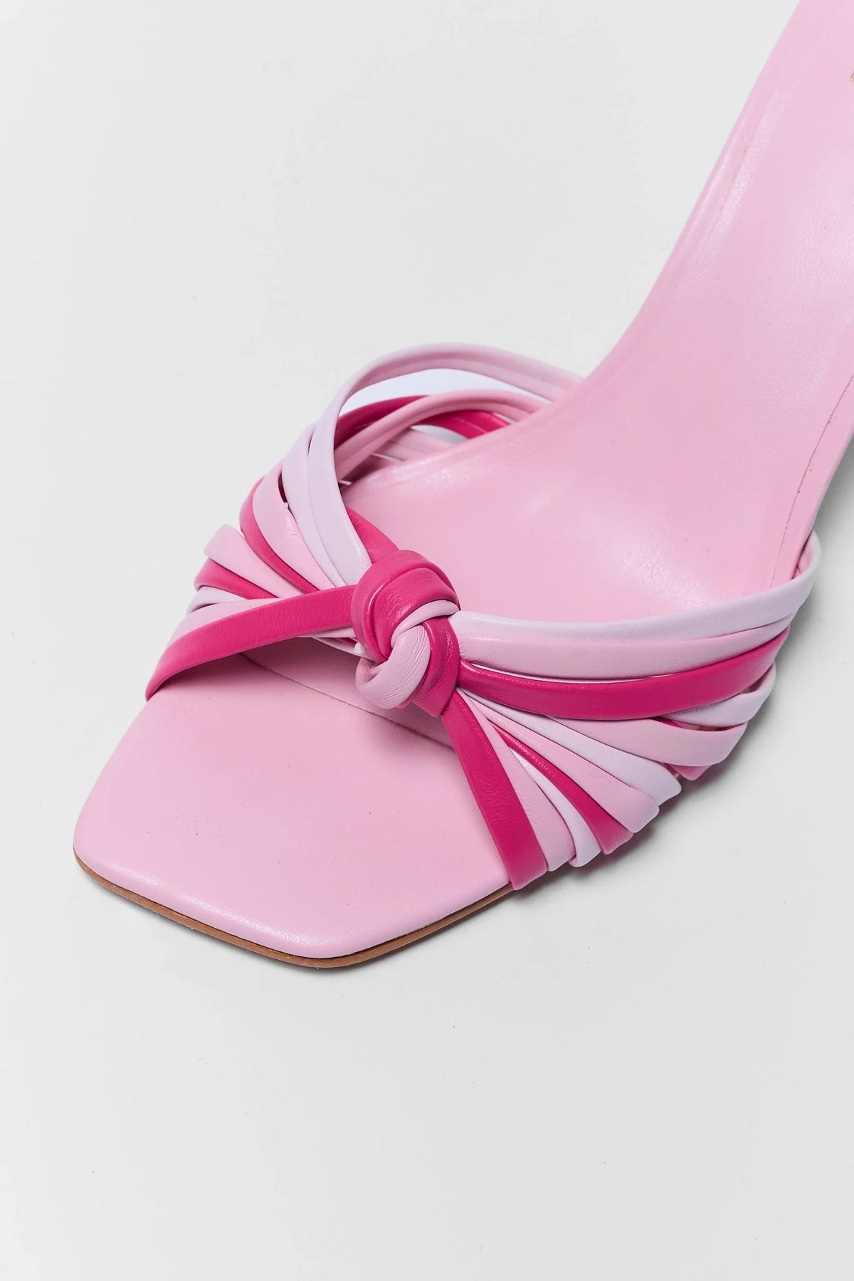 Pink kitten heel sandal knot strap close-up - Square Toe Detail | Avara