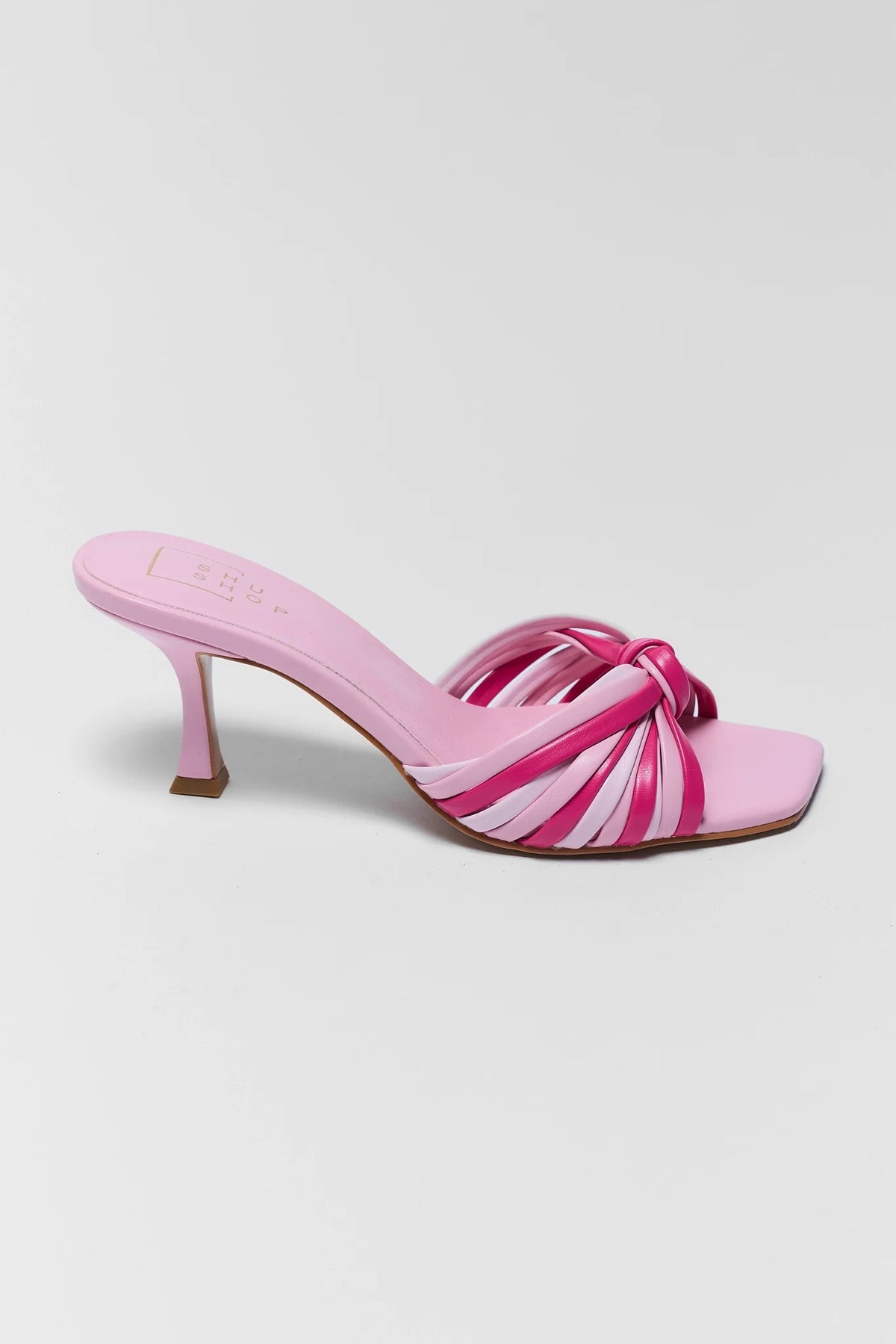 Pink kitten heel sandal with fuchsia multi-strap knot detail - Side Profile | Avara