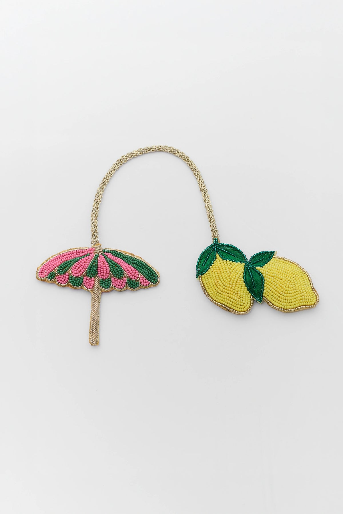 Yellow & Pink Multi Beaded Lemon Bag Charm with umbrella charm - Flat Lay | Avara