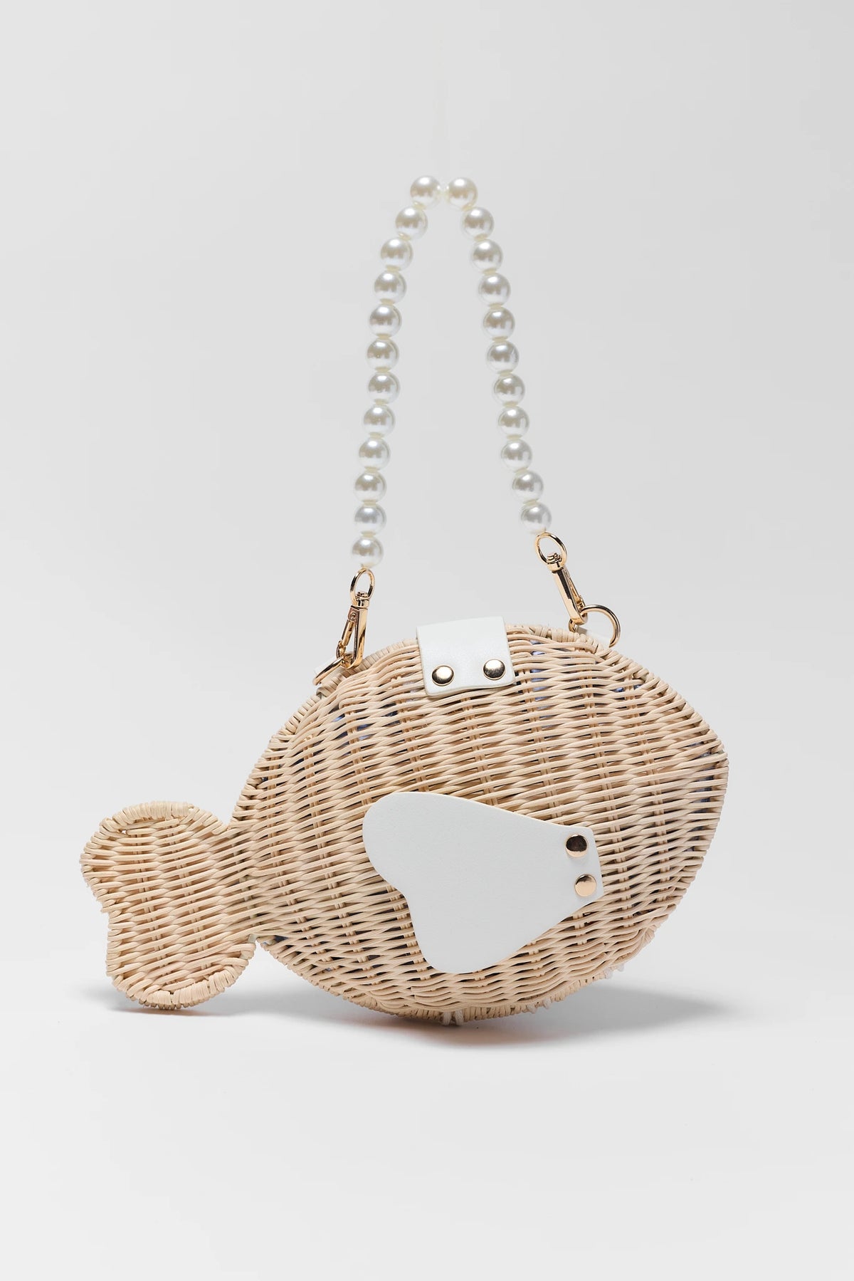 Natural woven fish beaded shoulder bag with pearl handle and gold hardware - Side View | Avara
