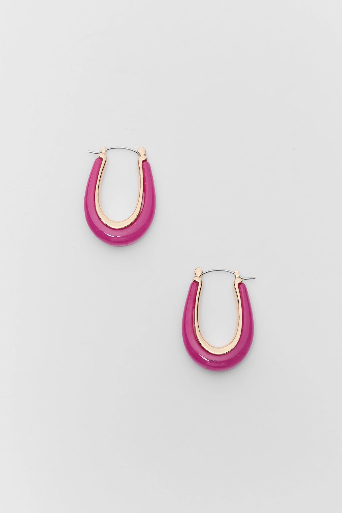 Pair of pink acrylic hoop earrings with gold inner detail - Flat Lay | Avara