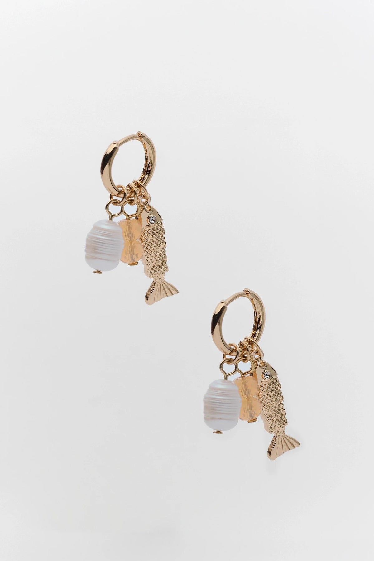 Gold Charm Hoop Earrings with pearl bead and fish charm - Product View | Avara