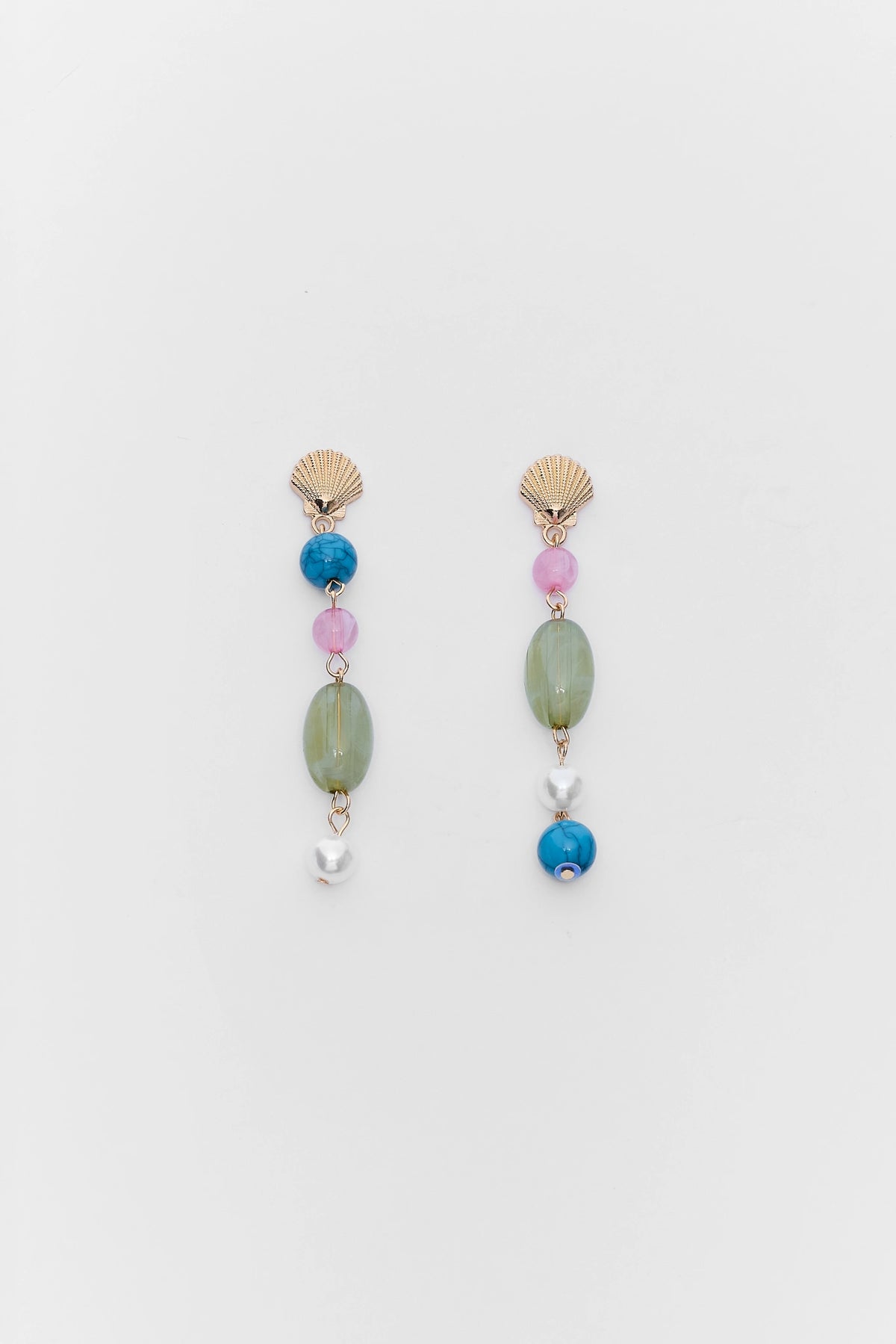 Gold shell stone drop earrings with multicolor beads - Flat Lay | Avara