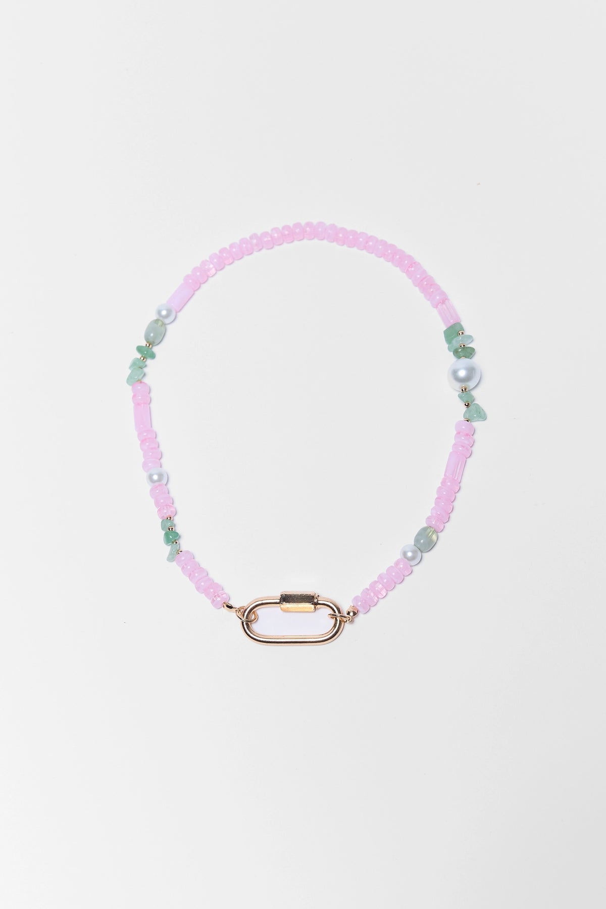 Pink & green beaded carabiner necklace with gold-tone clasp and pearl accents - Flat Lay | Avara
