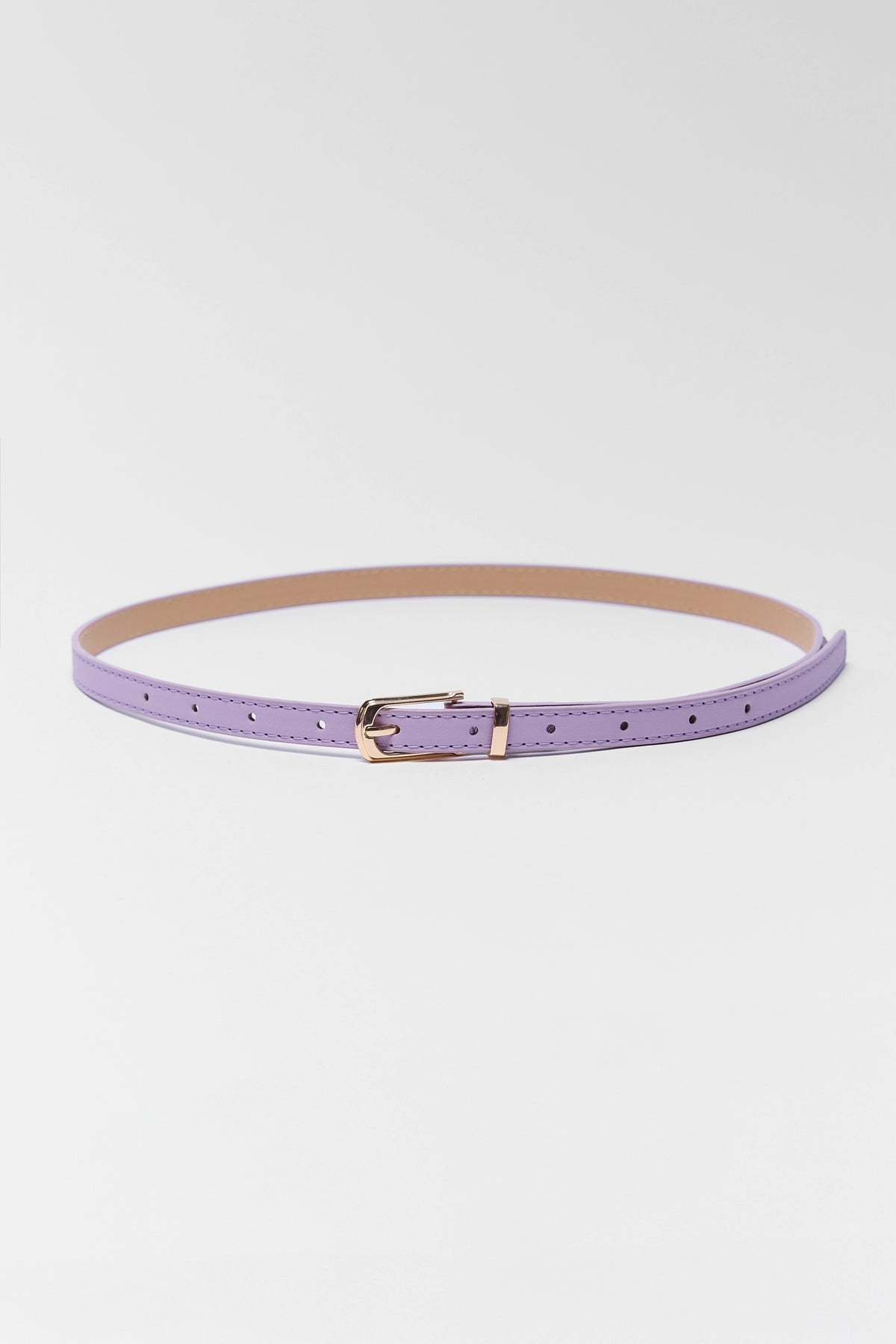 Lavender Faux Leather Skinny Belt with gold-tone buckle - Flat Lay | Avara