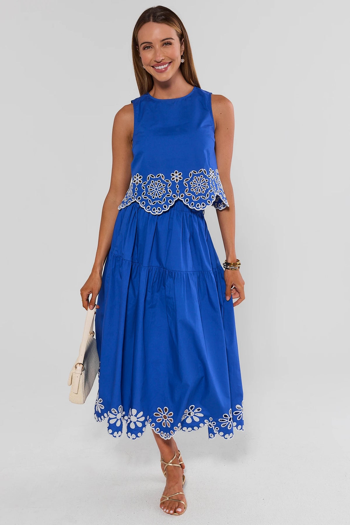 Blue Eyelet Trim Tank Top styled with matching blue midi skirt - Full Length On Model | Avara