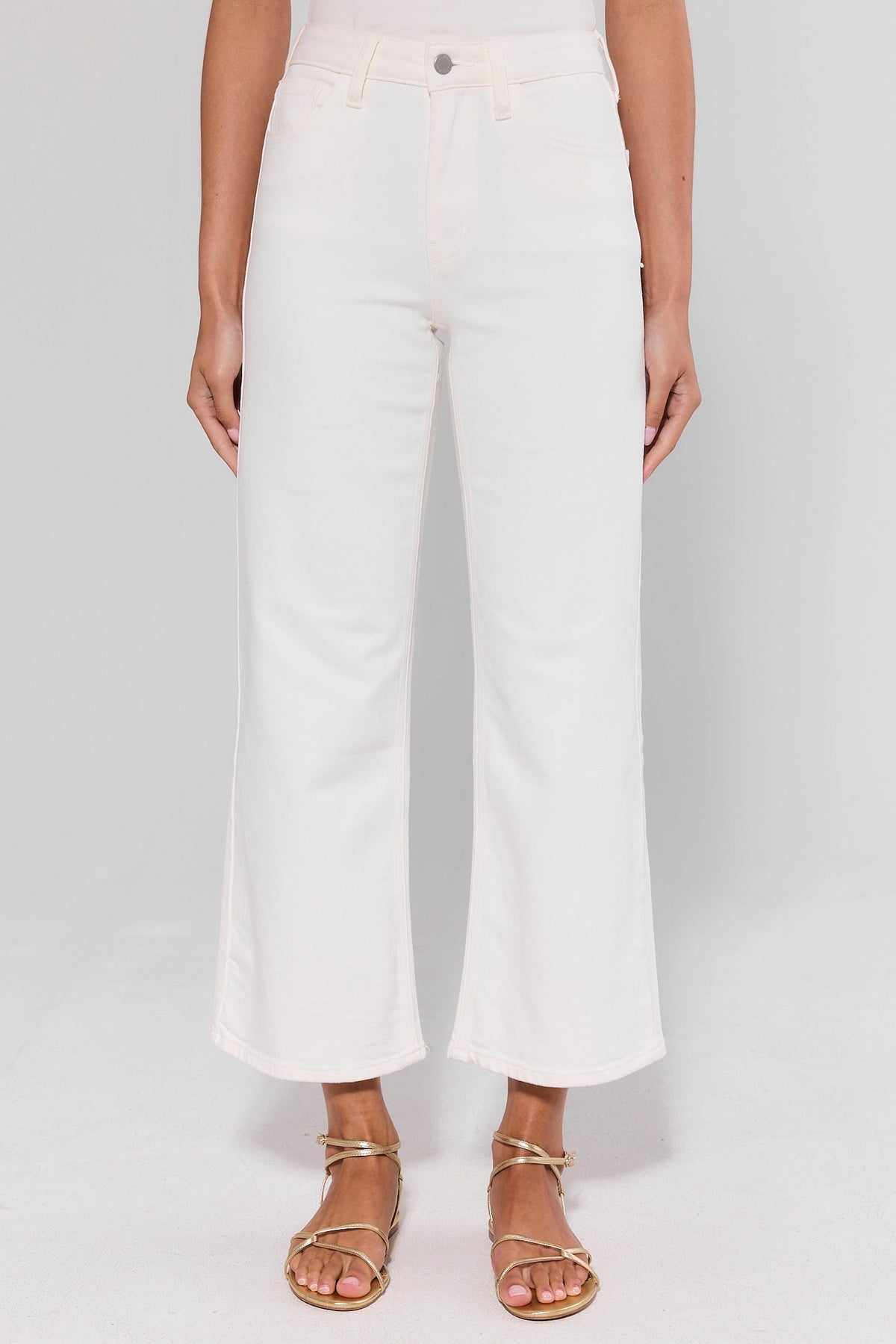 Hailey White Wide Leg Cropped Jeans - Front View with Gold Sandals | Avara