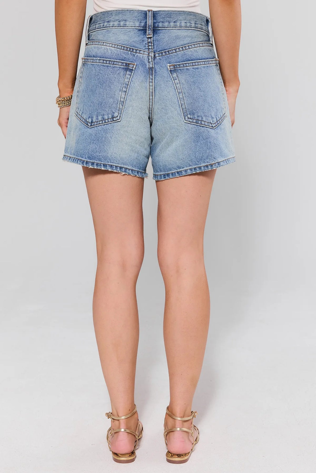 Medium Wash Denim Shorts Back View, Dual Patch Pockets & Raw Hem | Avara
