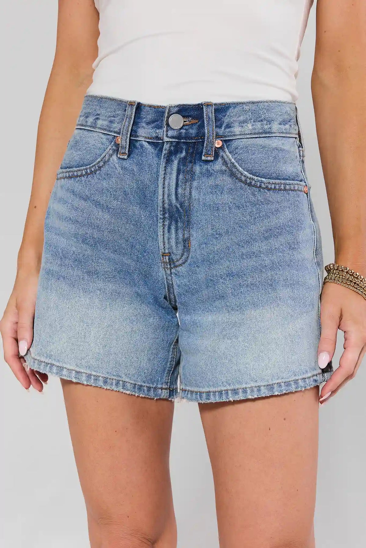 Medium Wash Denim Shorts Close-Up Front Detail, Raw Hem & Button Fly | Avara