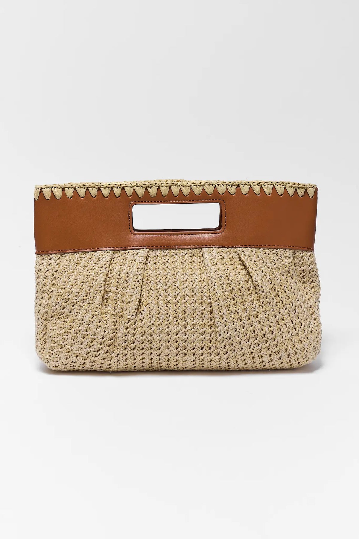 Tan raffia crossbody bag with whipstitch trim and tan leather handle cutout - Front View | Avara