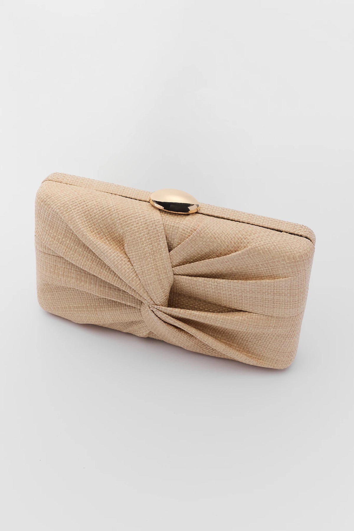 Tan Textured Knot Clutch with Gold Dome Clasp - Angled Detail View | Avara