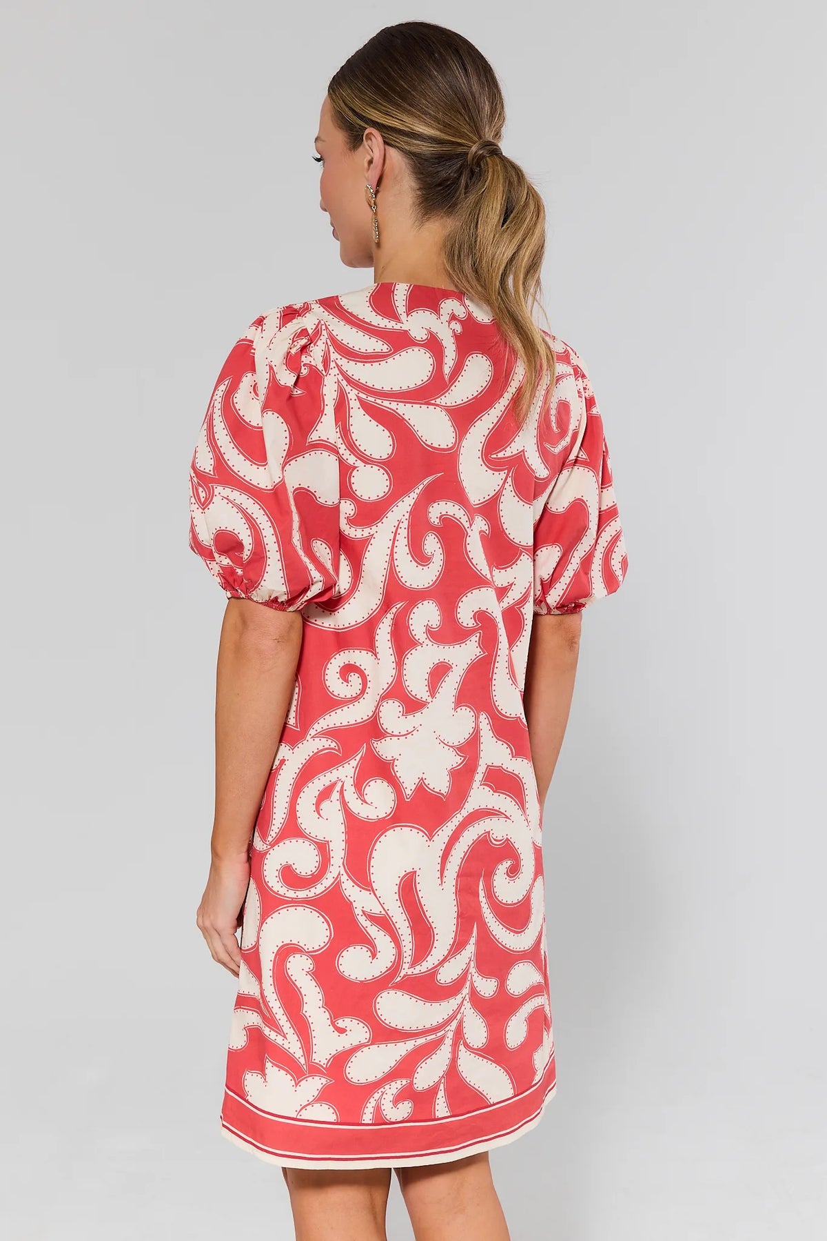 Red Printed Button-Up Short Dress A-line silhouette and puff sleeves - Back View | Avara