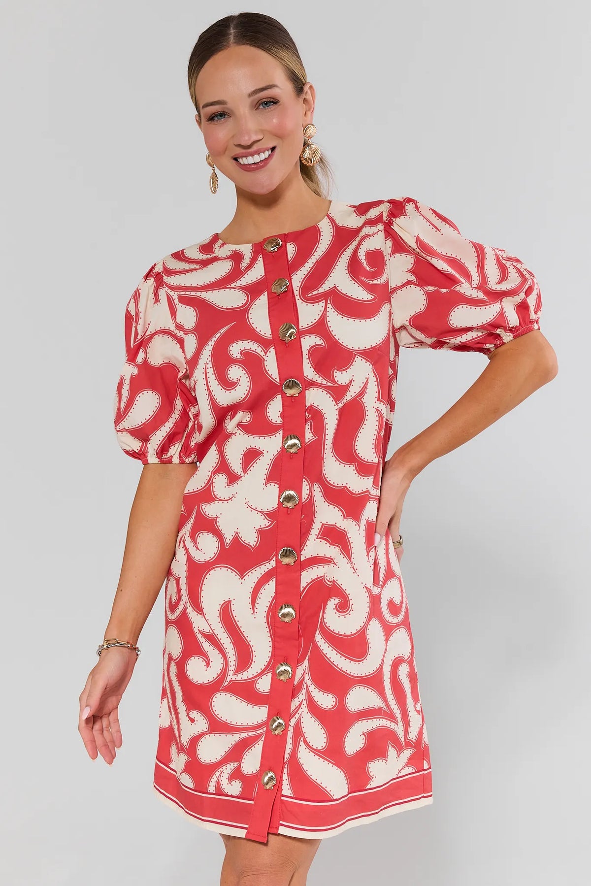 Red Printed Button-Up Short Dress with gold shell buttons and puff sleeves - Front View | Avara