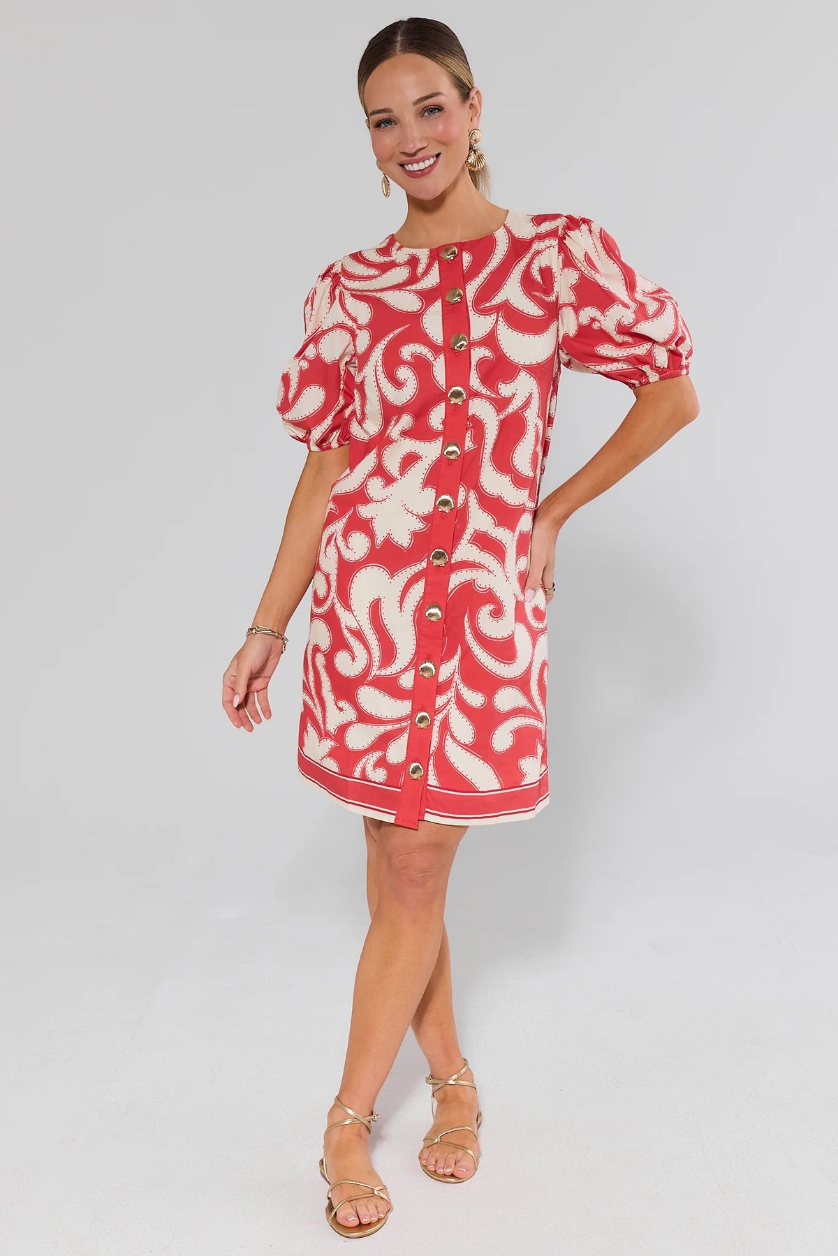 Red Printed Button-Up Short Dress styled with gold sandals - Full Length Front View | Avara