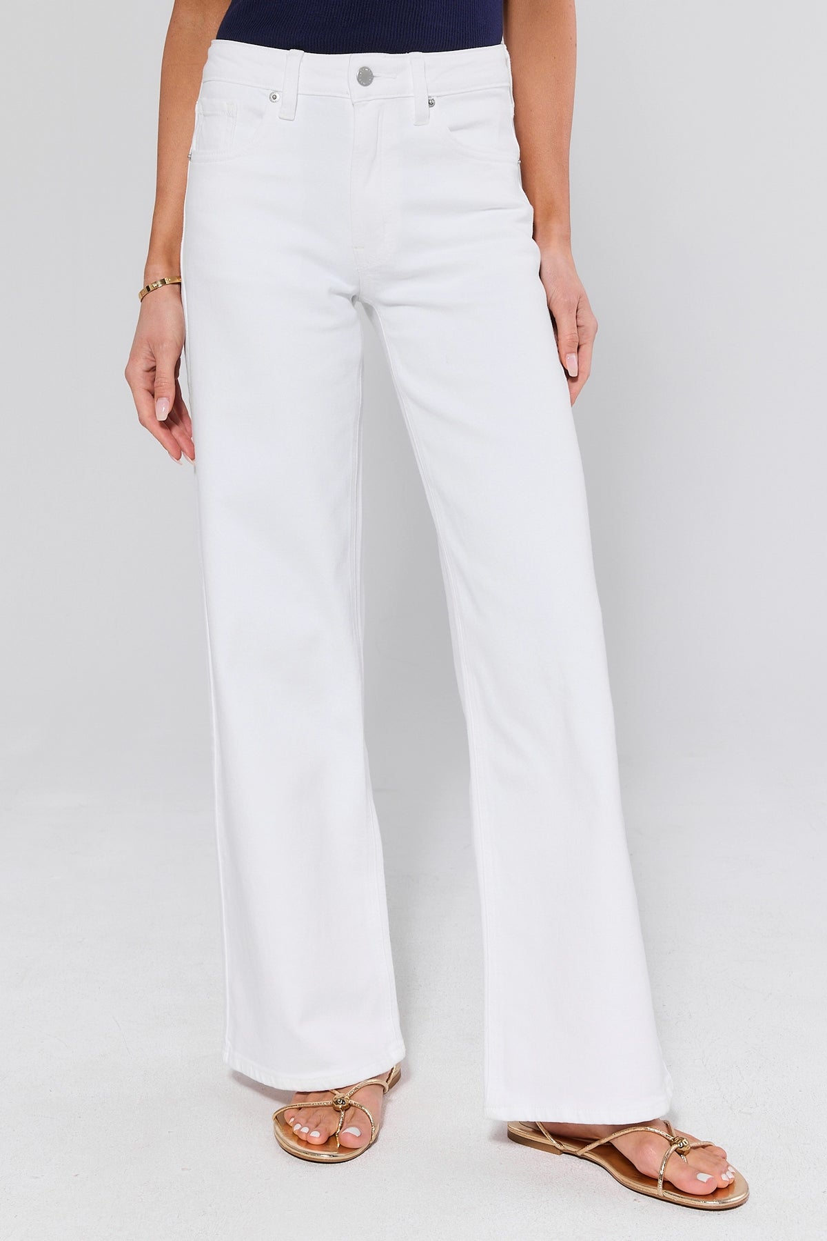 Makenna White Wide Leg Jeans - Front View, High-Rise Denim with Gold Sandals | Avara
