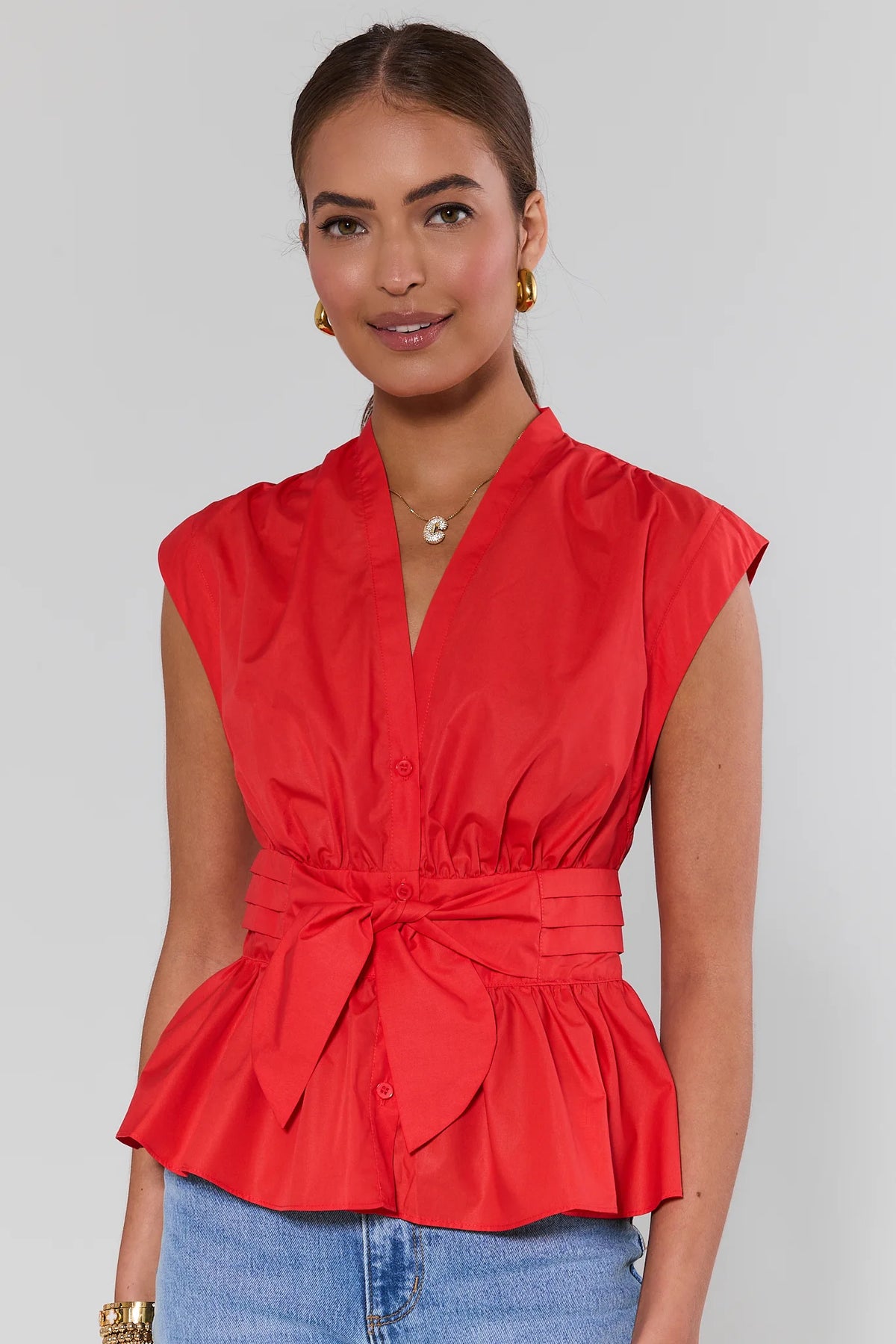 Red Button Up Tie Waist Peplum Top - Front View, V-Neckline & Cap Sleeve On Model | Avara