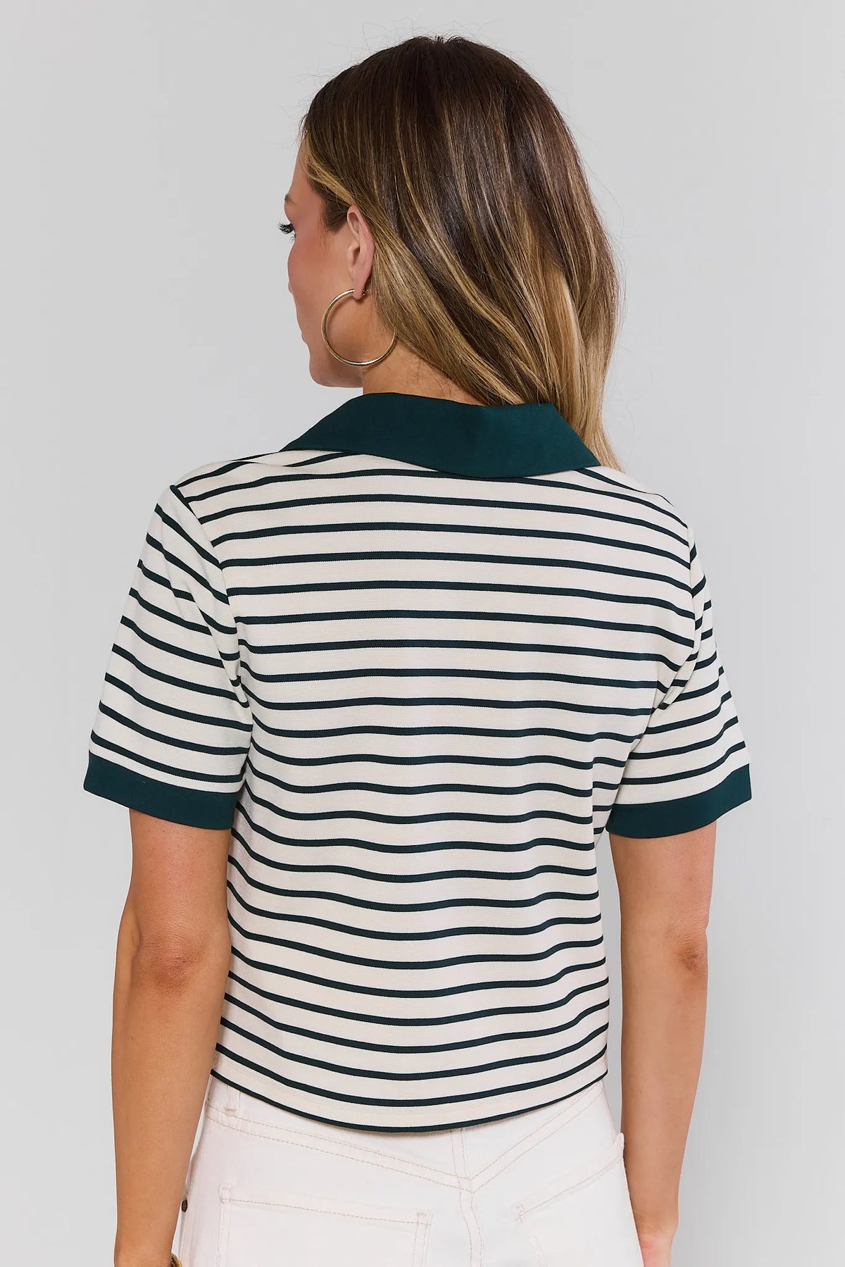 Green Striped Short Sleeve Polo Top - Back View, contrast collar and cuff trim | Avara