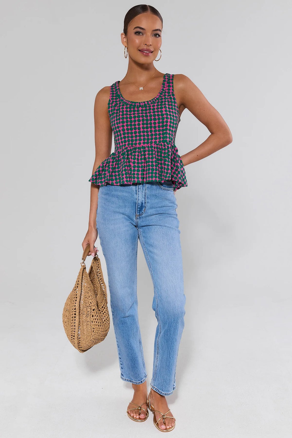 Pink & Green Polka Dot Peplum Tank Top - Full Length Styled Look with Jeans & Woven Bag | Avara