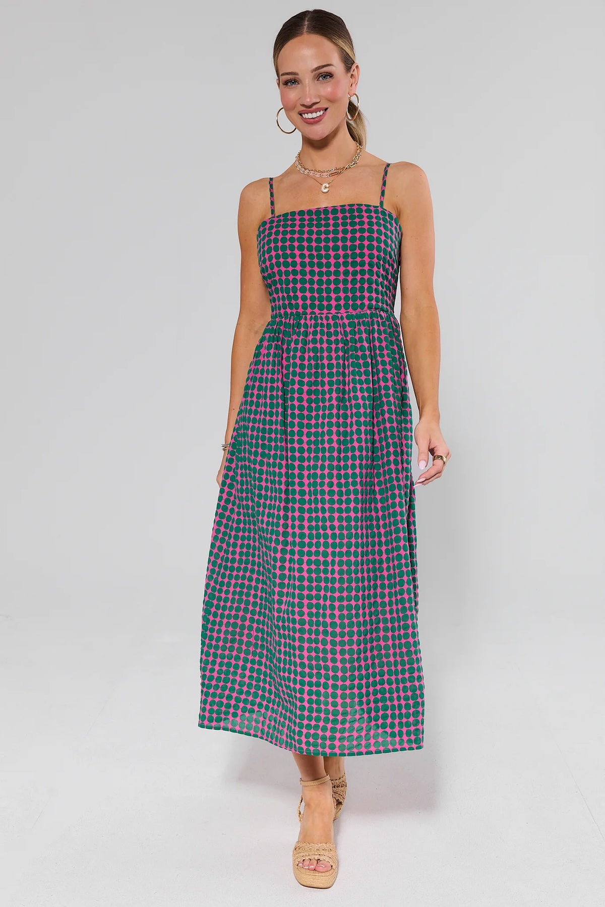 Pink and green polka dot maxi dress with spaghetti straps - Front View | Avara