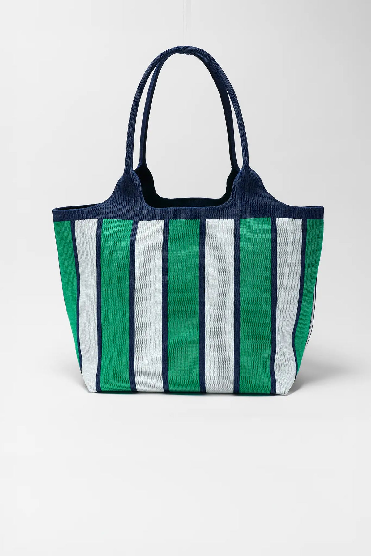 Green, white, and navy striped woven tote bag - Front View | Avara