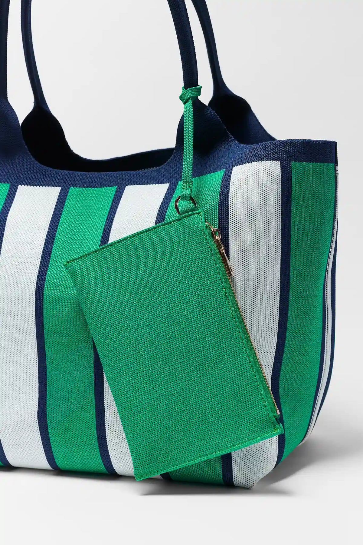 Green striped woven tote bag with included green zipper pouch - Accessory Detail | Avara