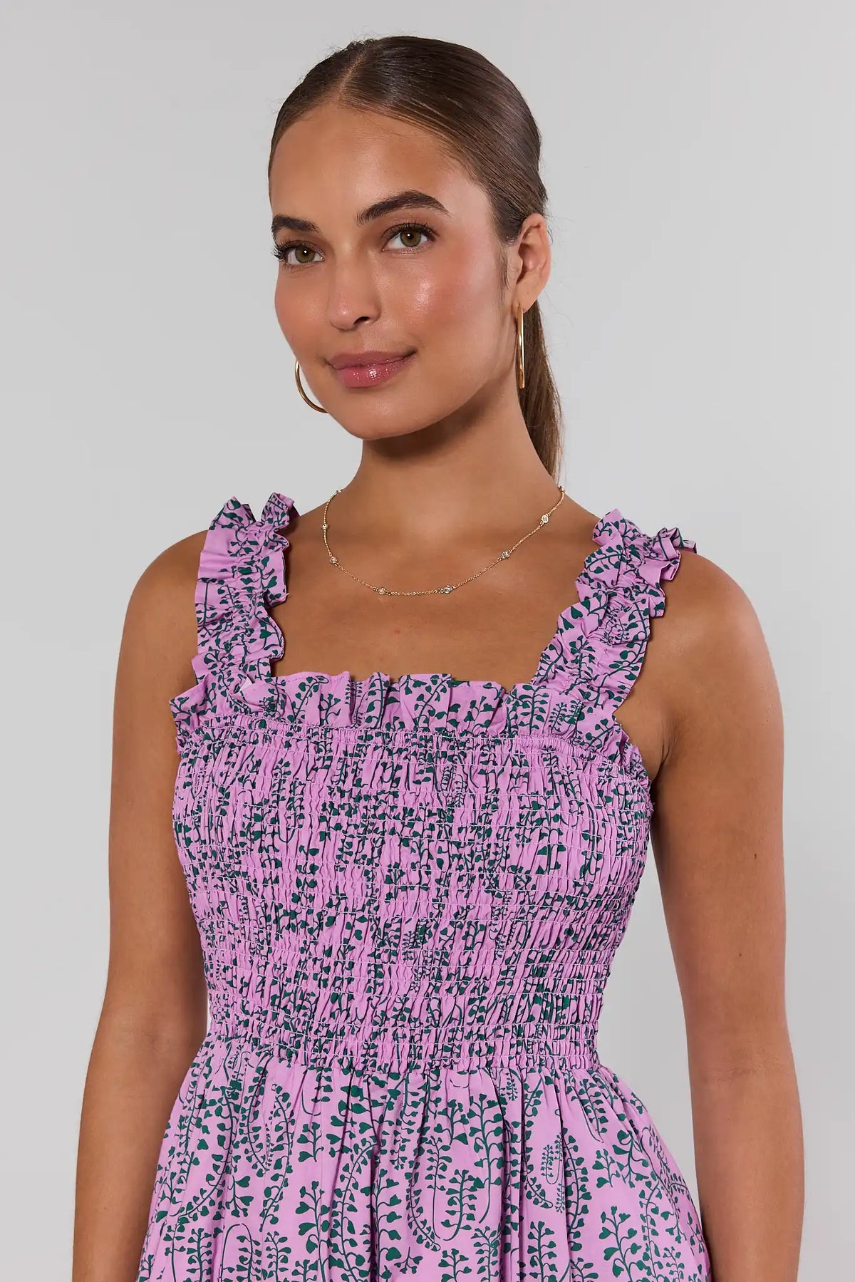 Pink Smocked Midi Dress ruffle strap and square neckline bodice close-up detail, green abstract print | Avara