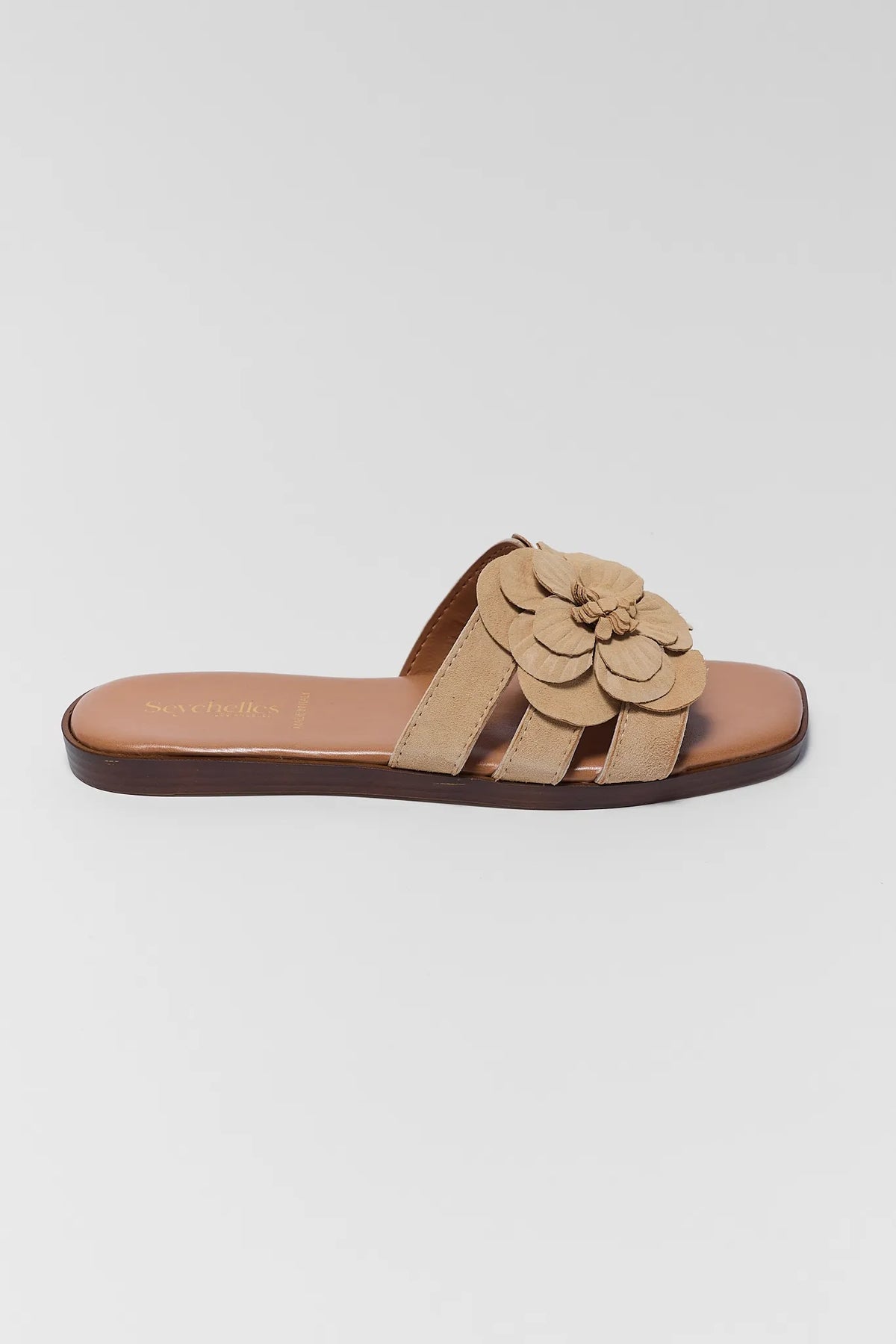 Tan suede slip-on sandal with 3D floral detail, single side profile - Morning Dew by Seychelles | Avara