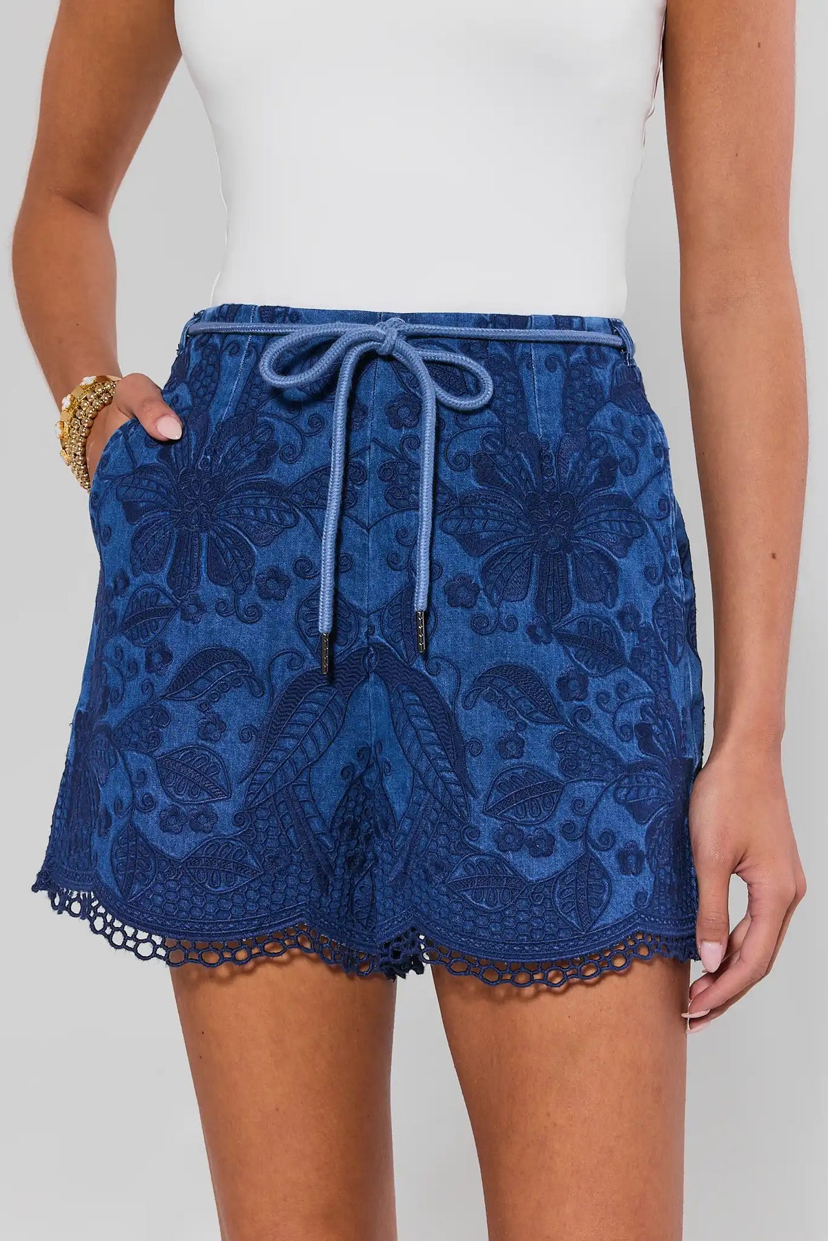 Navy eyelet shorts with floral embroidery and lace trim - Close-Up Front Detail | Avara