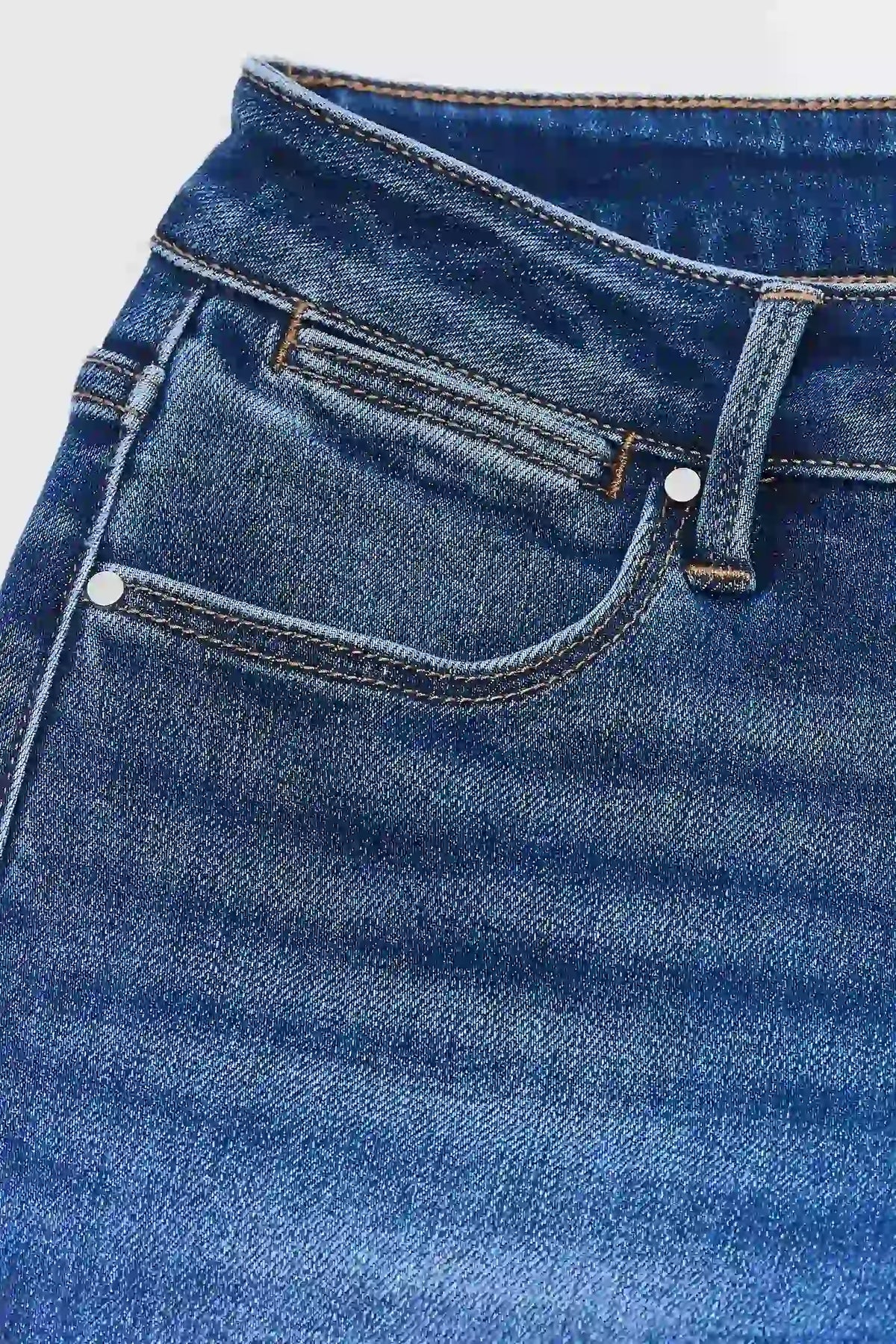 Medium Wash Denim Jeans - Front Pocket & Fabric Close-Up Detail | Avara