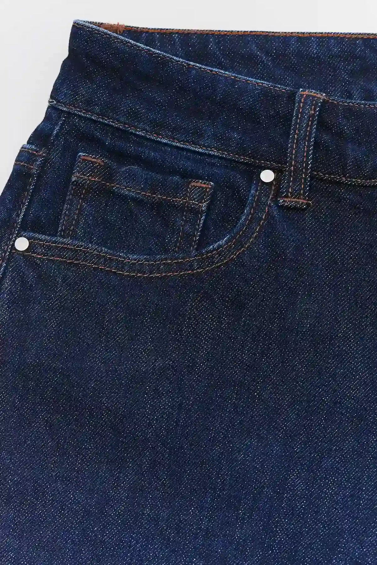 Dark Wash Denim Jeans - Waistband, Front Pocket & Contrast Stitch Close-Up Detail | Avara